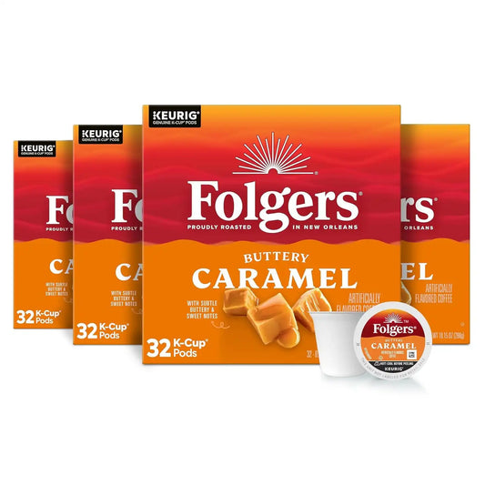 Folgers Buttery Caramel Artificially Flavored Coffee, Keurig K-Cup Pods, 32 Count Box (Pack of 4)