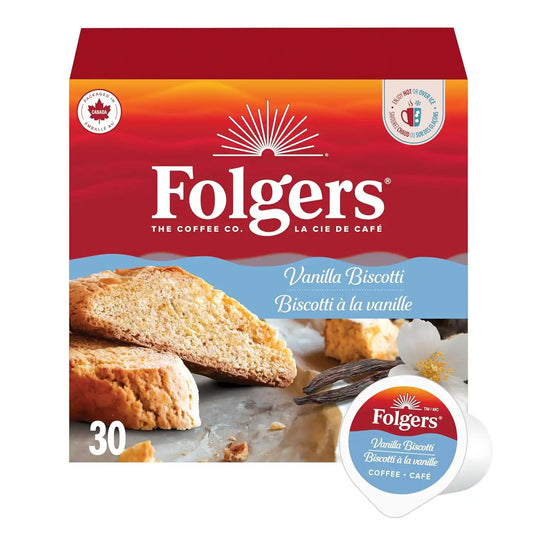 Folgers Vanilla Biscotti Coffee K-cups, 30 Count, 270g/9.5 oz. Box (Imported from Canada)